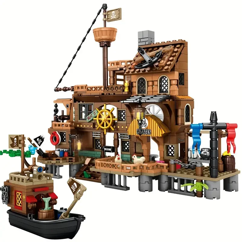 Creative Medieval Pirate Island Fortress Castle Building Blocks Adventure Ship Log Cabin Model Boat Assemble Bricks Toy Kid Gift