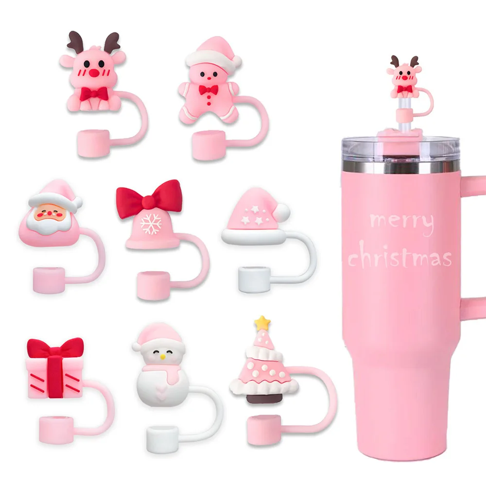 8 Stück Weihnachts-Strohhalm-Topper für Stanley 30 Unzen 40 Unzen Tumbler Cup Wasserflasche, Weihnachtsmann Weihnachtsbaum Stroh-Abdeckkappen Dekoration