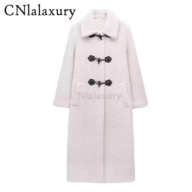 CNlalaxury 2024 Autumn Winter Women New Long Plush Overcoat Overcoat Fashion Horn Button Long Sleeved Thick Outwear Tops Chic