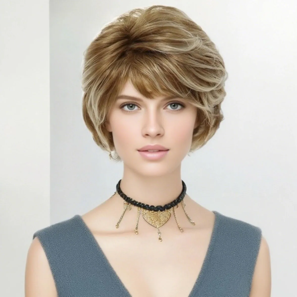 

Synthetic Pixie Hair Short Blonde Curly Wigs with Bangs for Women Natural Hairstyle Mommy Wig Heat Resistant Old Lady Costume