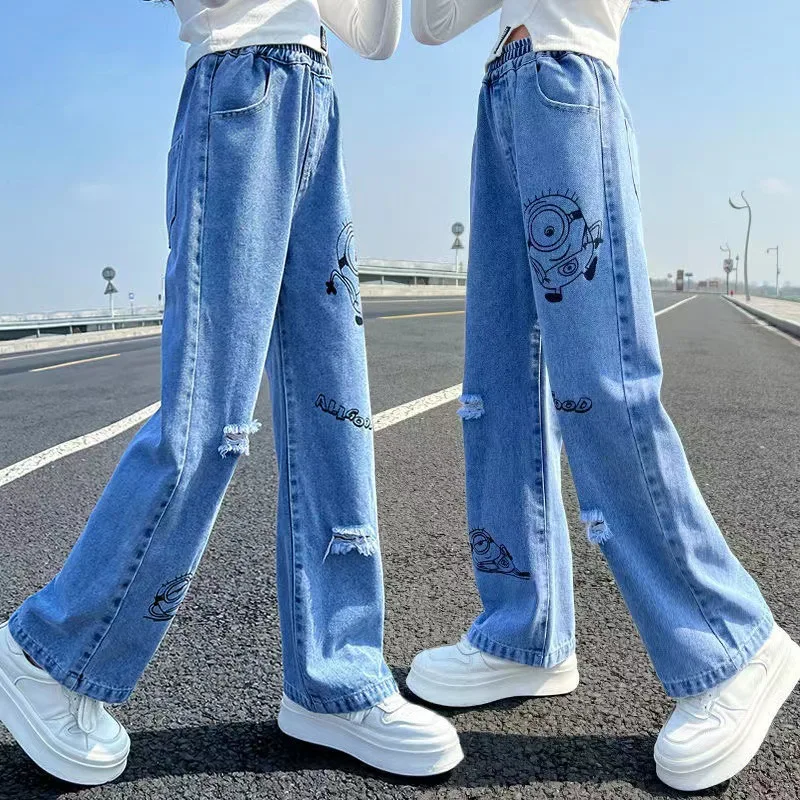 2023 Autumn Girls Jeans For Girl Teenage Elastic High Waist Denim Wide Leg Pants Kids Straight Trousers Children Ripped Jeans