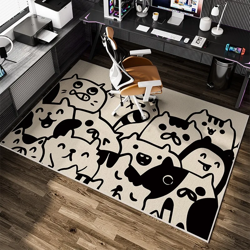 

Animal Cartoon Office Chair Floor Mat, Study Carpet, Dresser Desk, Computer Home Decoration Rug, Bedroom Carpets, Black and Whit