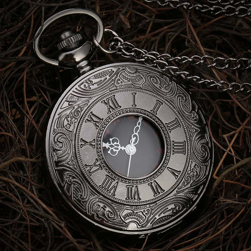 

SHUHNAG 10pcs/lot Wholesale Vintage Charm Black Skeleton Pocket Watch Steampunk Women Men Roman Numerals Necklace Pendant Gift
