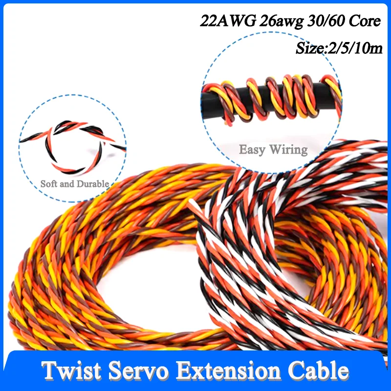 

30/60 Core 2~10M for Futaba JR Drone Airplane Helicopter Accessories Cables 3-Way Twisted RC Servo Extension Cable Wire 22/26AWG