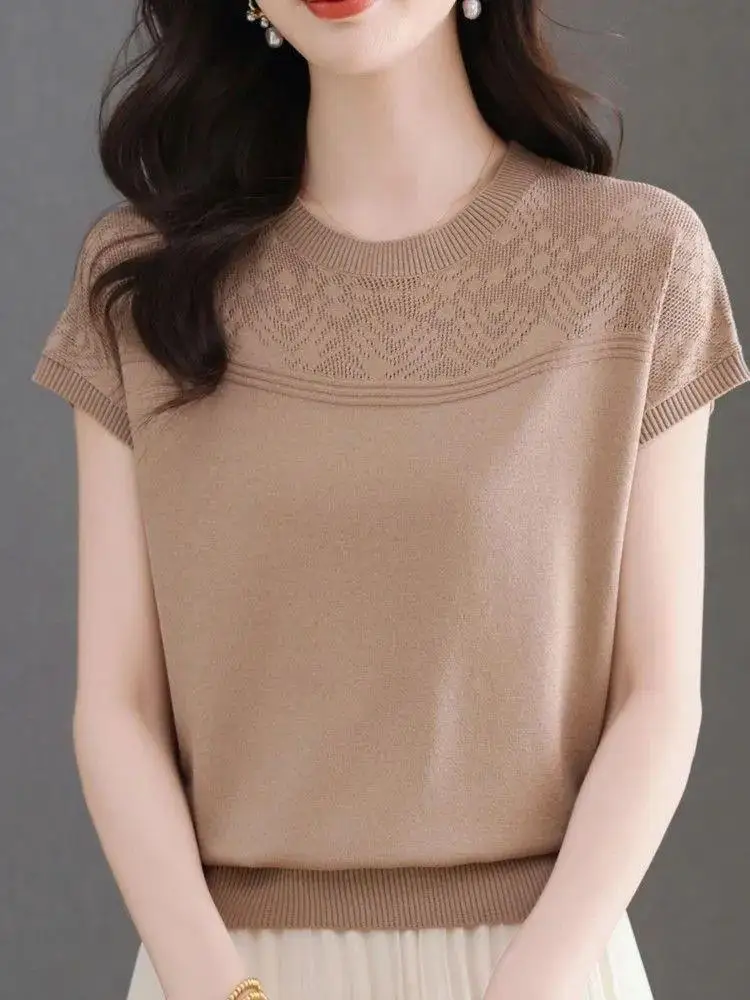 

Fashionable Casual Knitted Top Short Sleeve Women's Summer Outfit New Style Mommy Clothes Breathable Comfortable Airy Trendy