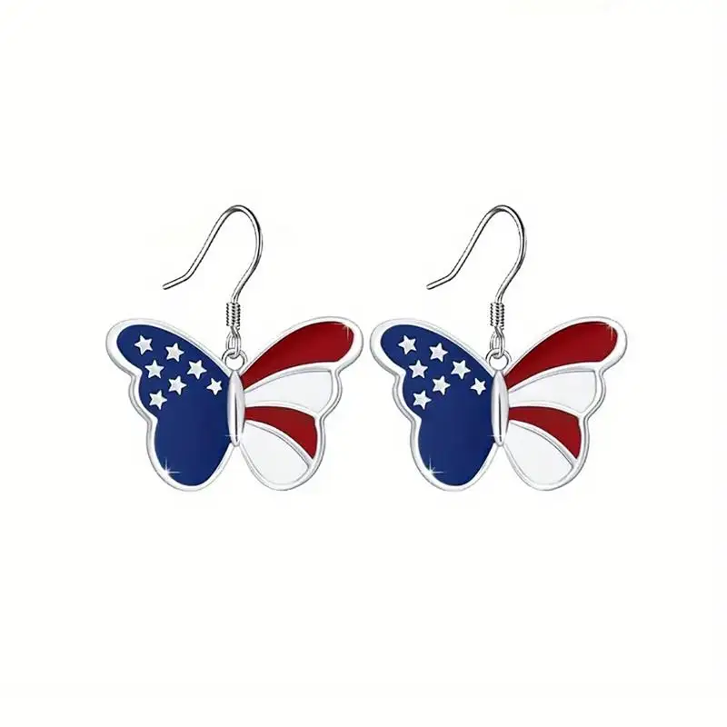 Huitan American Flag Enamel Butterfly Drop Earrings for Women Independence Day Accessories Fourth of July Celebration Jewelry