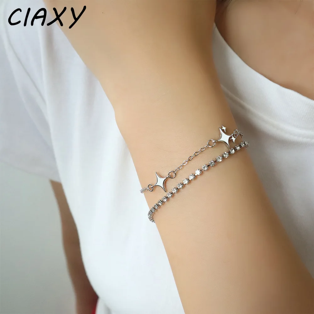 Silver Color Star Cuff Double Zircon Bracelets for Girls Luxury Korean Fairy Friendship Chain Bangles Female Summer Jewelry Gift