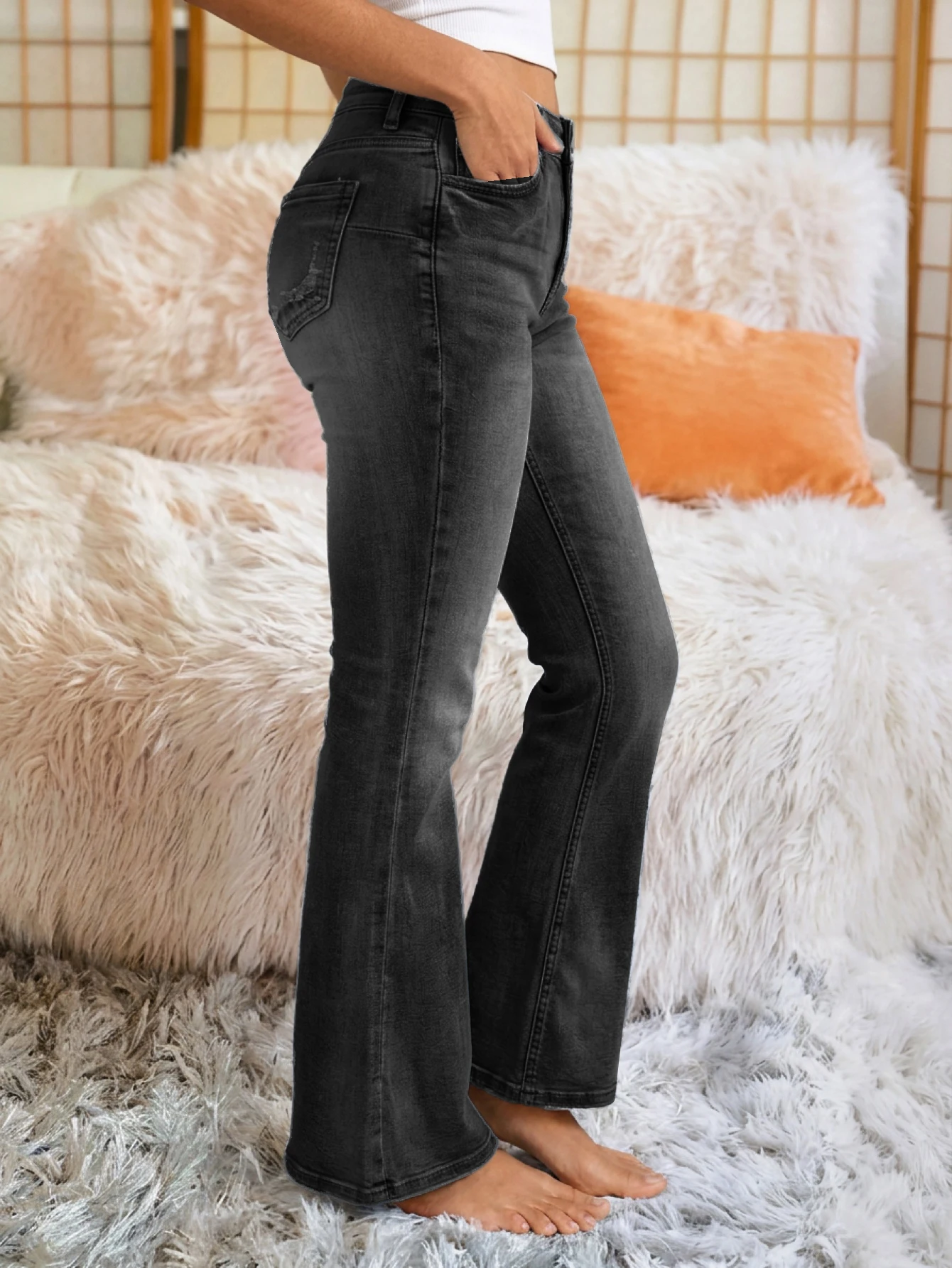 Women High Waist Bootcut Jeans Medium Stretch Stonewashed Faded Black Distressed Retro Flare Denim Pants