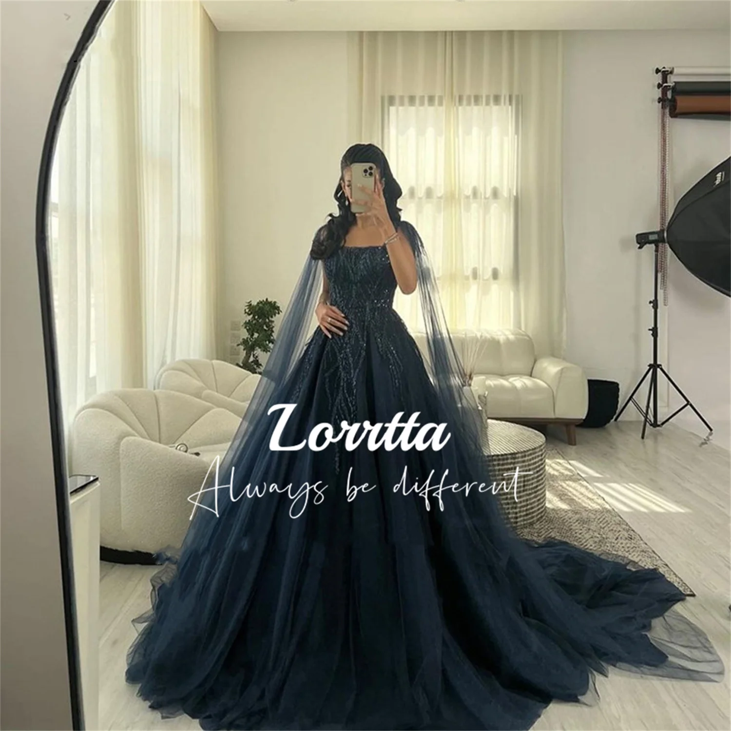 

Lorrtta Tailing Mesh Bead Glitter Decoration Navy Blue Shawl Evening Dress Fluffy Graduation Dresses With Long Sleeves Formal