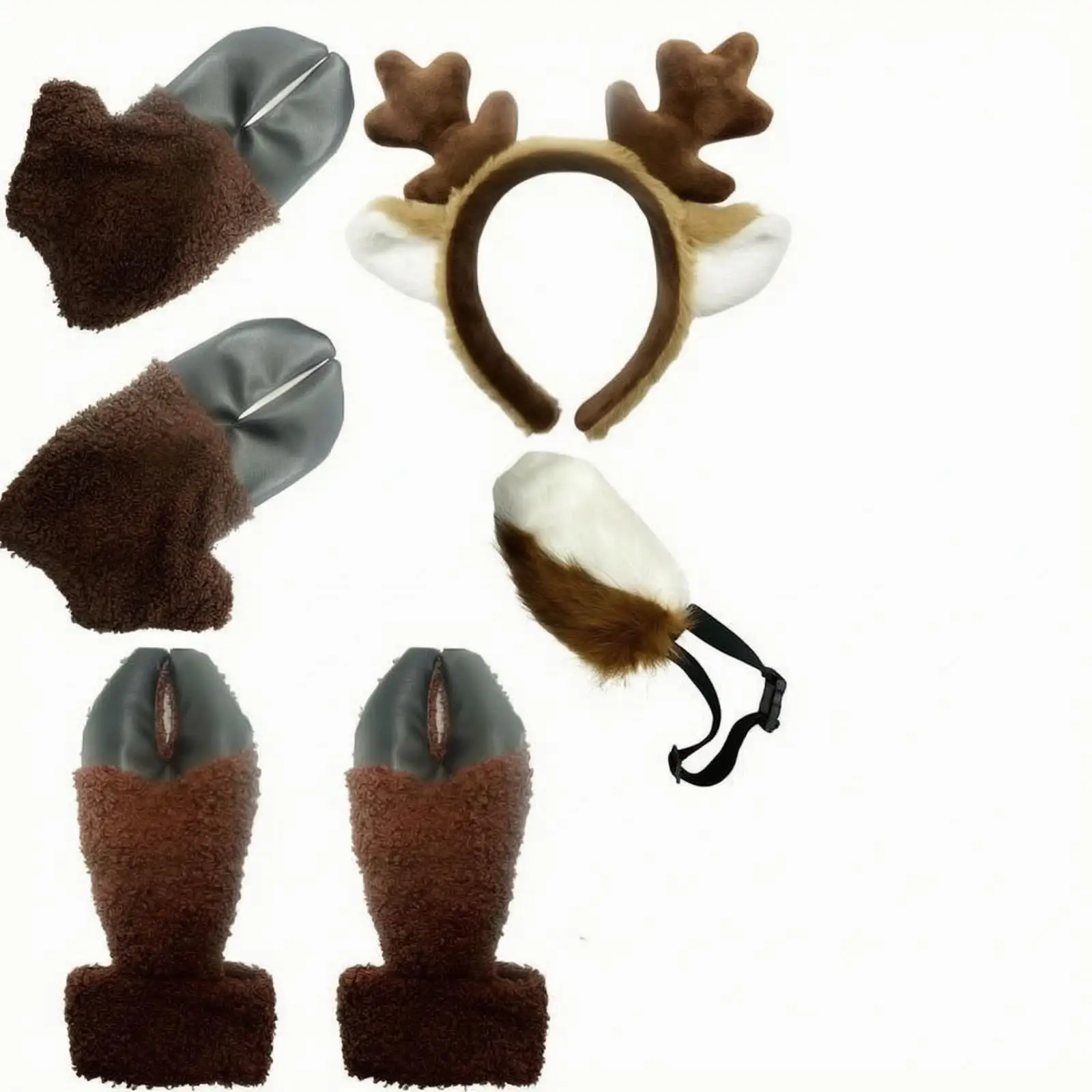 Reindeer Costume Accessory Set with Ears Headband Tail and Fur Gloves for Christmas Dance Performance Stage Show Festive