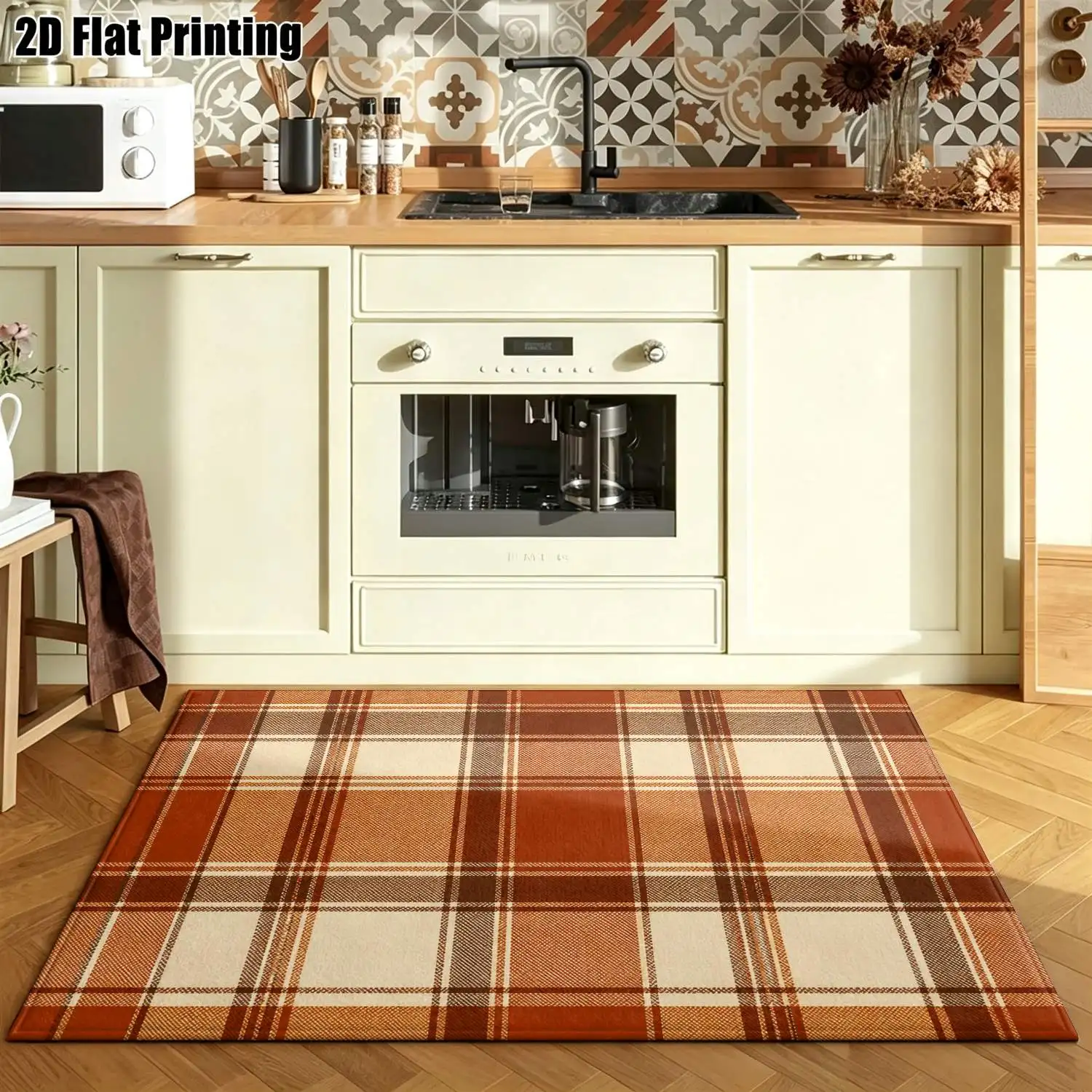 1Pc 2D Printed Carpet: Brown Beige Checkered, Nordic Vintage Geometric Striped, Home Decor, Multiple Sizes, Machine Washable, for Entrance, Dining, Foyer, Bedroom, Living Room