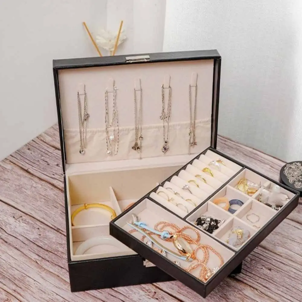 

2 Layer Double-layer Jewelry Box with Lock Elegant Necklace Earring Box Dustproof Large Capacity Jewelry Display Case Desktop