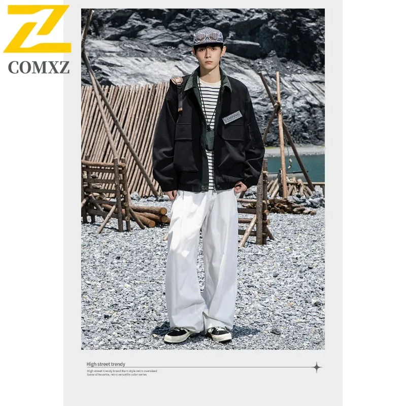 COMXZ Mens Jacket New American Trendy Color Block Notch Lapel Windbreaker Men Riding Versatile Minimalist Windproof Autumn Coat