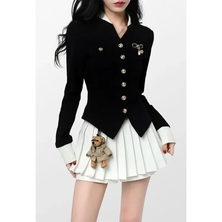 Black Vintage Two Piece Set Women Japanese Short Blazer Coat+mini Skirt Suit Female Casual Korean Fashion Sexy Kawaii  2024