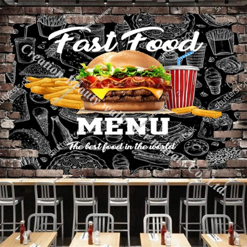 Retro Brick Wall Fast Food Wallpaper Burger Fries Mural Restaurant Snack Bar Backdrop Wall Paper Papel De Parede Papel Tapiz