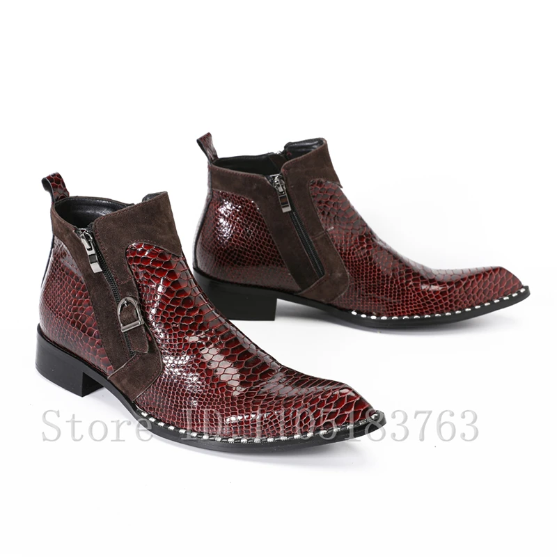 Wine Red Genuine Leather Patchwork Chelsea Boots Men Luxury Handmade Pointed Toe Rivets Metal Buckle Ankle Boots