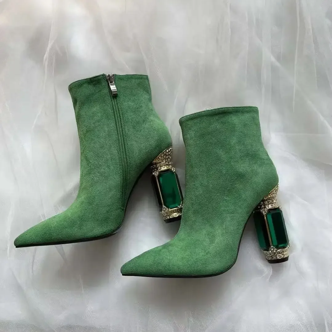 

Black/green Suede High Heel Boots Pointed Toe Side Zipper Green Gem Heel Ankle Boots Fashion Women Shoes Short/long Boots