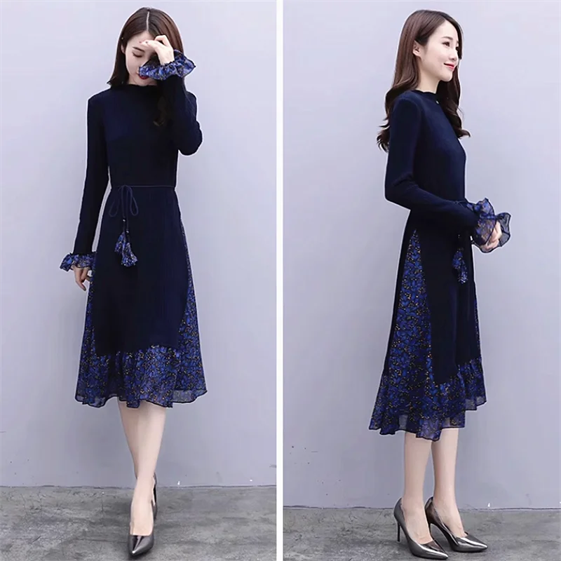 Warm Lady Floral Navy Blue Dresses 3XL Similar 2 Pieces Women Slim Waist Vintage Long Sleeve Knitted Print A-Line Spring Autumn