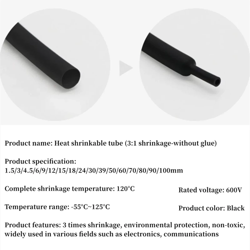 1 Meter Black 3:1 Heat Shrink Tubing Insulated Cable Sleeve Diameter 1.5/3/4.5/6/9/12/15/18/24/30/39/50/60/70/80/90/100mm