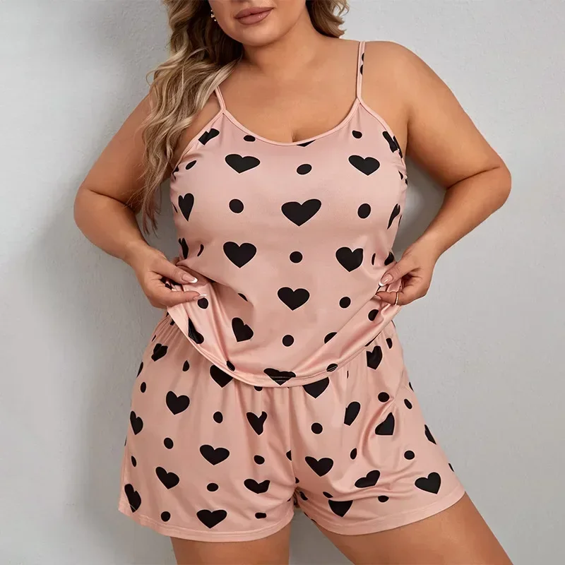 Pajama  for Women Plus Size Heart Print Sleeveless O Neck Crop Top & Elastic Waist Shorts 2 Pieces Female Sleepwear Nightwear