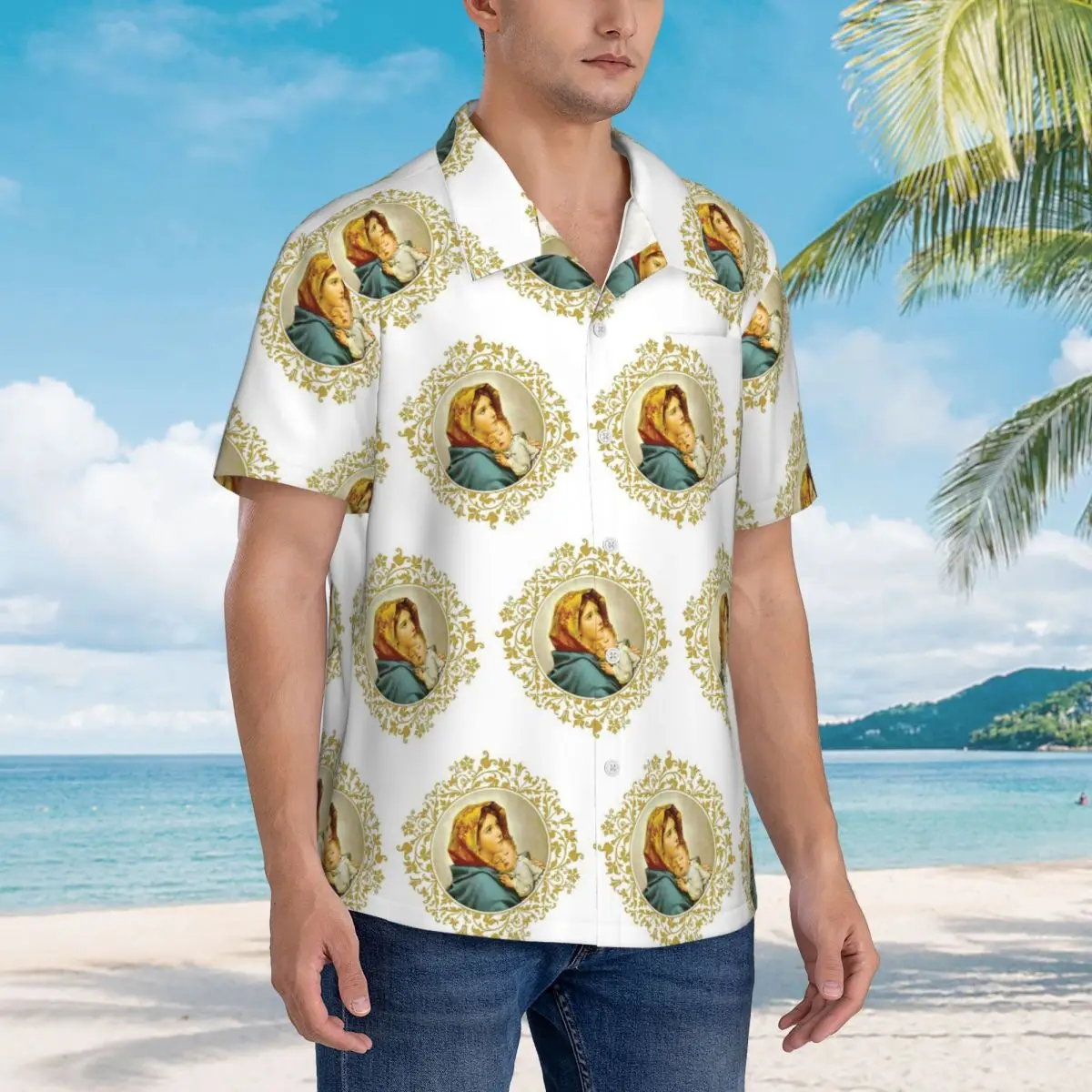

Virgin Mary With Jesus Child Hawaiian Shirts Fashion Men Short Sleeve Shirt for Summer Beach Men's Lapel Tops