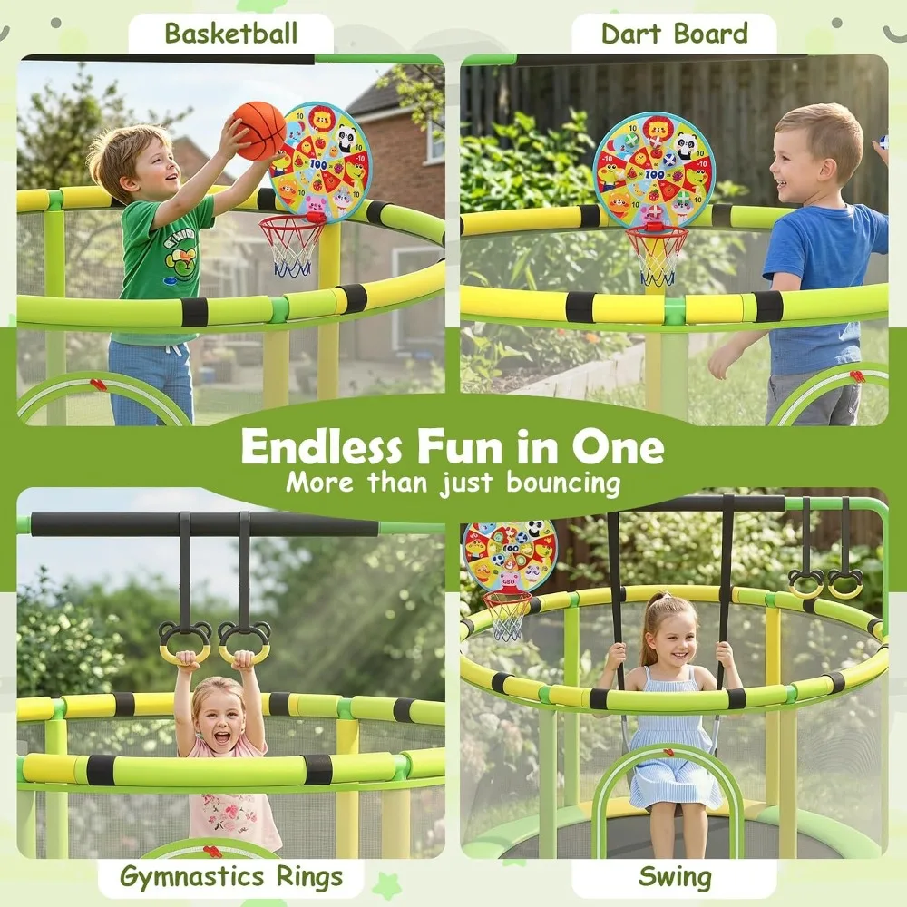 6-in-1 Kids Trampoline with Enclosure, Swing, Basketball Hoop, Adjustable Gymnastics Bar, Indoor Outdoor Fun for Ages 3+
