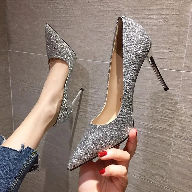 Woman Sexy High Heels Shoes  Pumps Pointed Wedge Sandals Ladies 2024 Crossdressers Crystal Bridal Fine Beige Fashion Toe