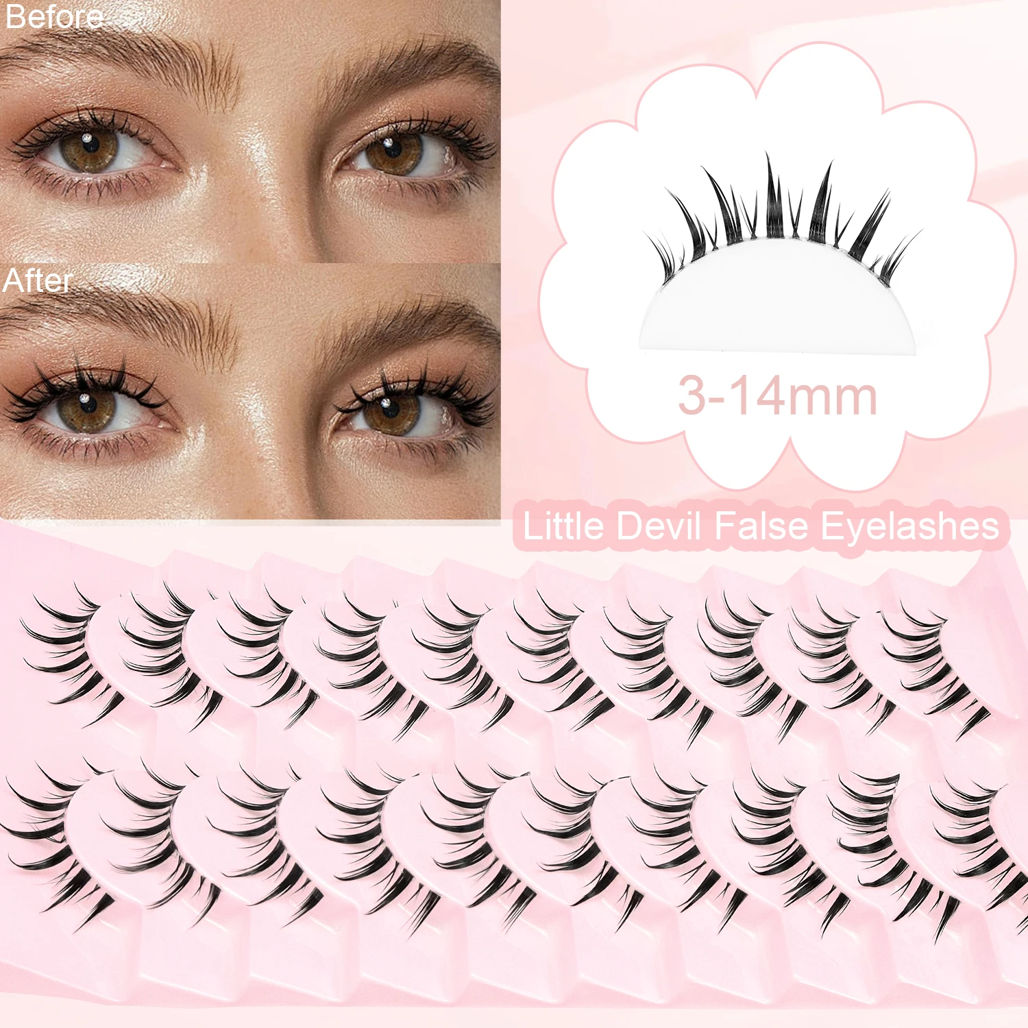 10 Paar künstliche Cartoon-Wimpern mit natürlichem, langem und spitzem, transparentem Stiel SHM-10-6