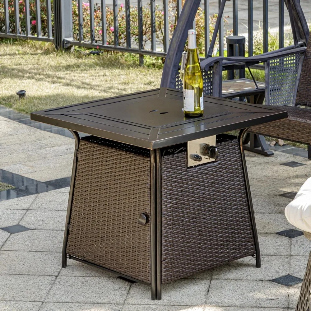 Table de foyer au propane en rotin marron de 28 pouces avec couvercle et roches de lave, 50 000 BTU pour jardin et cour extérieures