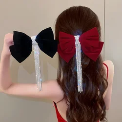 Korean Fashion Velvet Rhinestone Bow Hair Pin Elegant Tassel Spring Hair Clips Barrettes Headwear Girls Women Hair Accessories