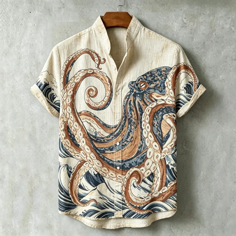 Men Stand Collar Short Sleeve Casual Shirt Ukiyo-e Octopus Wave Vintage Print Loose Breathable Beach Surf Fashion Daily Tops