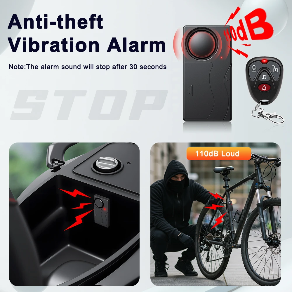 Awapow Allarme antifurto per porte e finestre Casa Bicicletta Auto Moto Sicurezza Sensore per bici a vibrazione wireless Telecomando 110dB