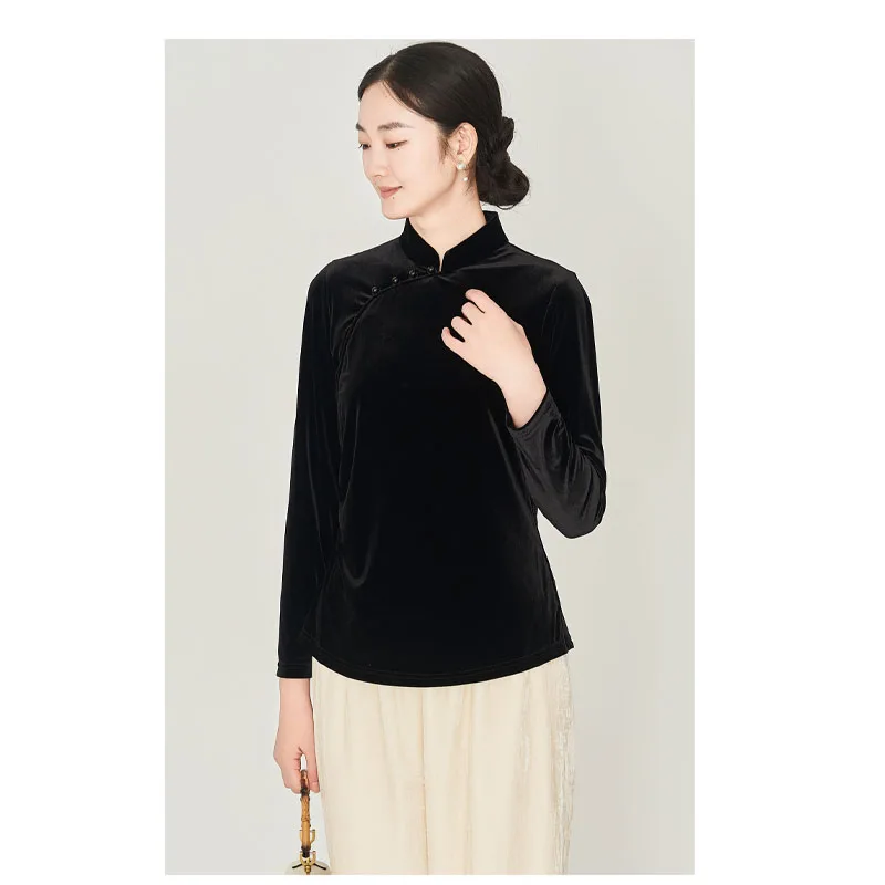 Silk Velvet Shirt for Ladies, Chinese Standing Collar, Temperament, Elegant Top, Retro Casual Clothing, Nine-Qua