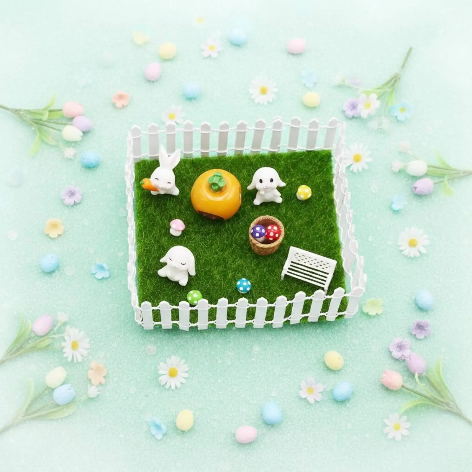 Easter Bunny Dollhouse Miniature Set with Carrot House Mushrooms and Picket Fence for 1 12 Scale Dollhouse Garden