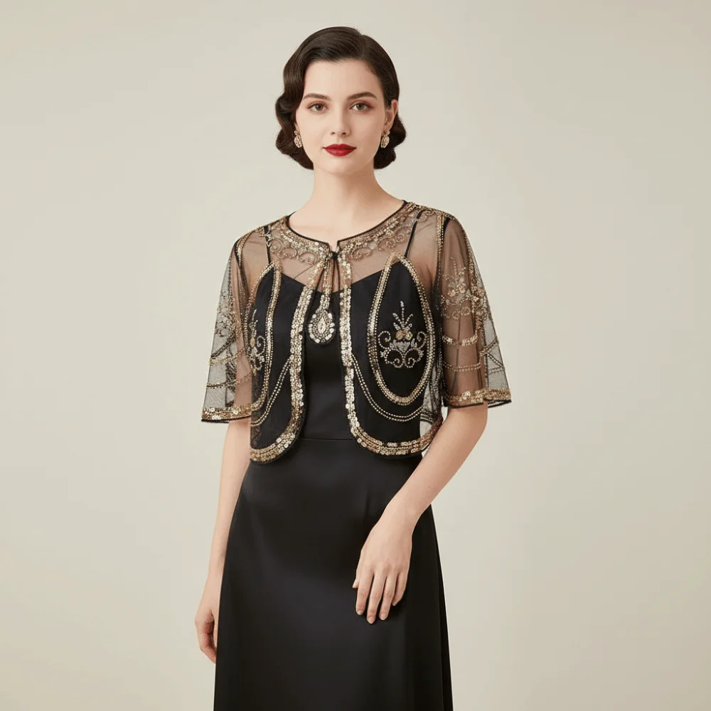 

Ретро-пончо с пайетками, блестящая вышивка, короткая накидка с бисером, в стиле 1920-х, ажурная шаль-флаппер