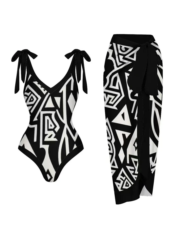 Black Printed V-neck Woman Swimsuits Sexy Backless Lace Up Swimwear 2024 Women One Piece Bikini with Mesh Beach Cover Up Skirt