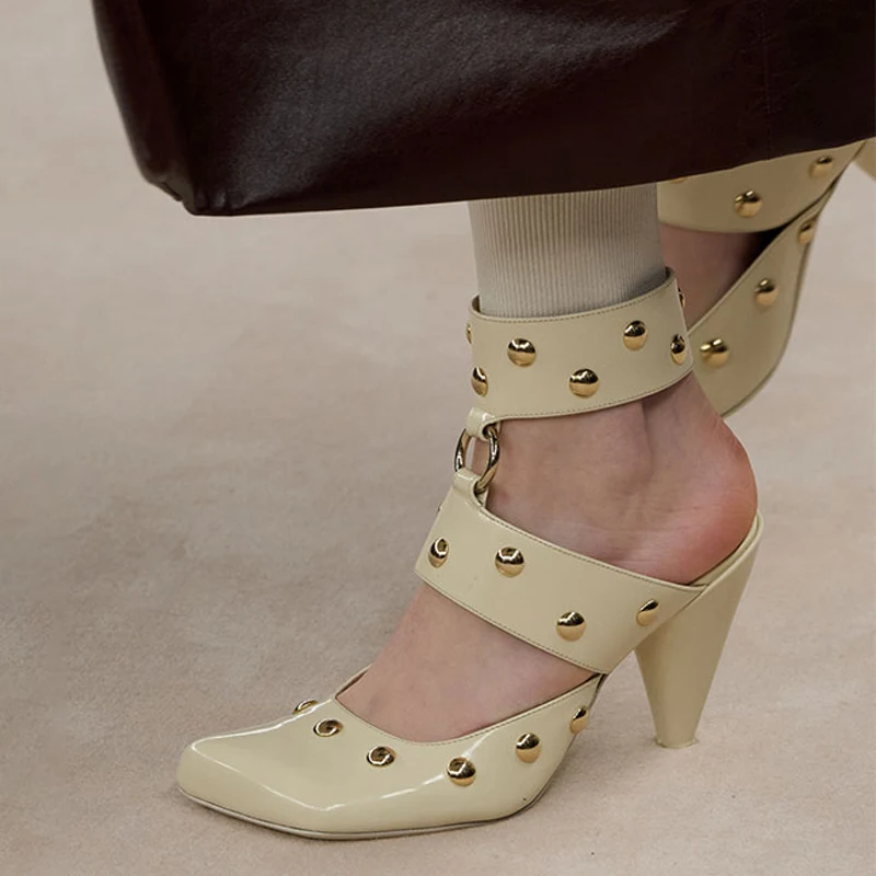 

Stage Styles Women Square Toe Metal Studs Sandals Spike Heels Ankle Strap Shoes Patent High-heeled Pumps