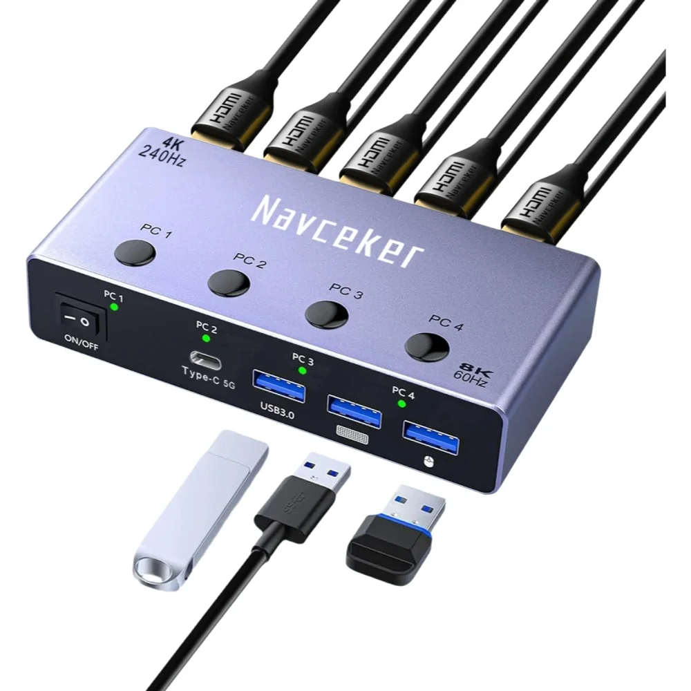 Przełącznik KVM Navceker 4K 240Hz 4X1 HDMI, 4-portowy przełącznik KVM USB HDMI 8K, przełącznik KVM dla 4 komputerów 144Hz, stacja dokująca do udostępniania 1 monitora, myszy i klawiatury — zdjęcie produktu 7