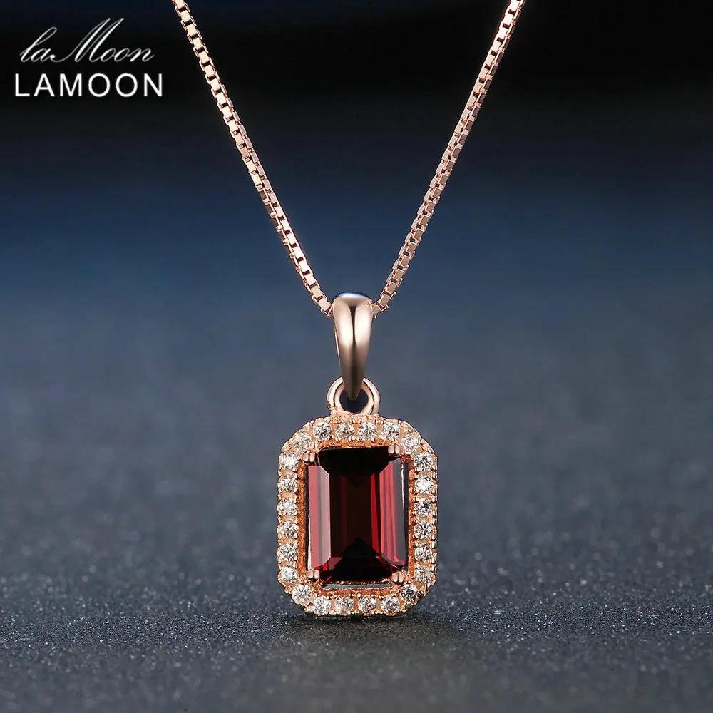 LAMOON 925 srebro naszyjnik prostokątny czerwony granat wisiorek z kamieniami szlachetnymi 18K różowe złoto platerowane Fine Jewelry LMNI053