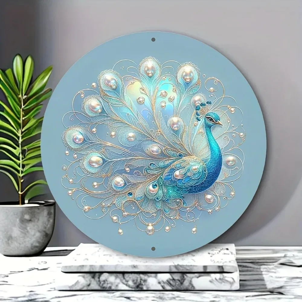 CIFBUY Elegant Turquoise Gold Peacock Wreath Aluminum Wall Art 8x8in Waterproof Durable Metal Decor for Indoor Entryway Hallway