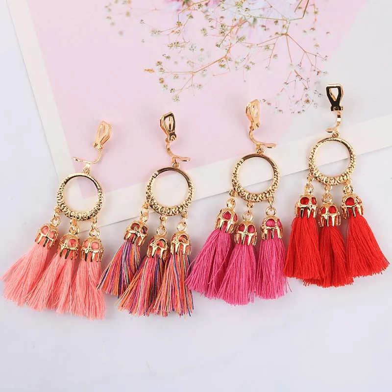 8 Color Trendy Bohemian Statement Tassel Clip On Earrings For Women Non Pierced Dangle Cotton Rope Fringe Clips Ear Jewelry Gift