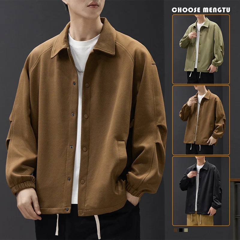 Lapel Jacket Men's Casual Coat Twill Loose Jacket Elastic Pleated Sleeve Cardigan Men's Vintage Warm Coat Texture Bomber Jacket