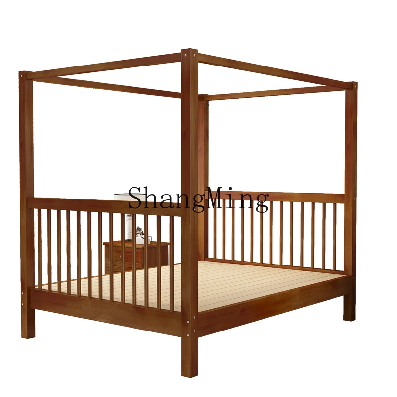

HJ new medieval style shelf bed Chinese double four-poster bed Solid wood classical homestay wedding bed