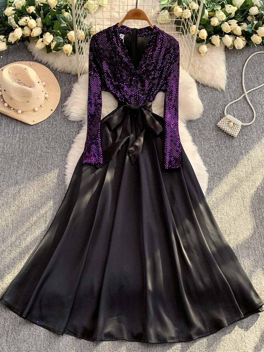 تنورة Ele Long Satin Dr للسيدات على شكل حرف V مزينة بالترتر وخصر مجمع على شكل حرف a تنورة رسمية Ocn عالية الخصر مادة حريرية