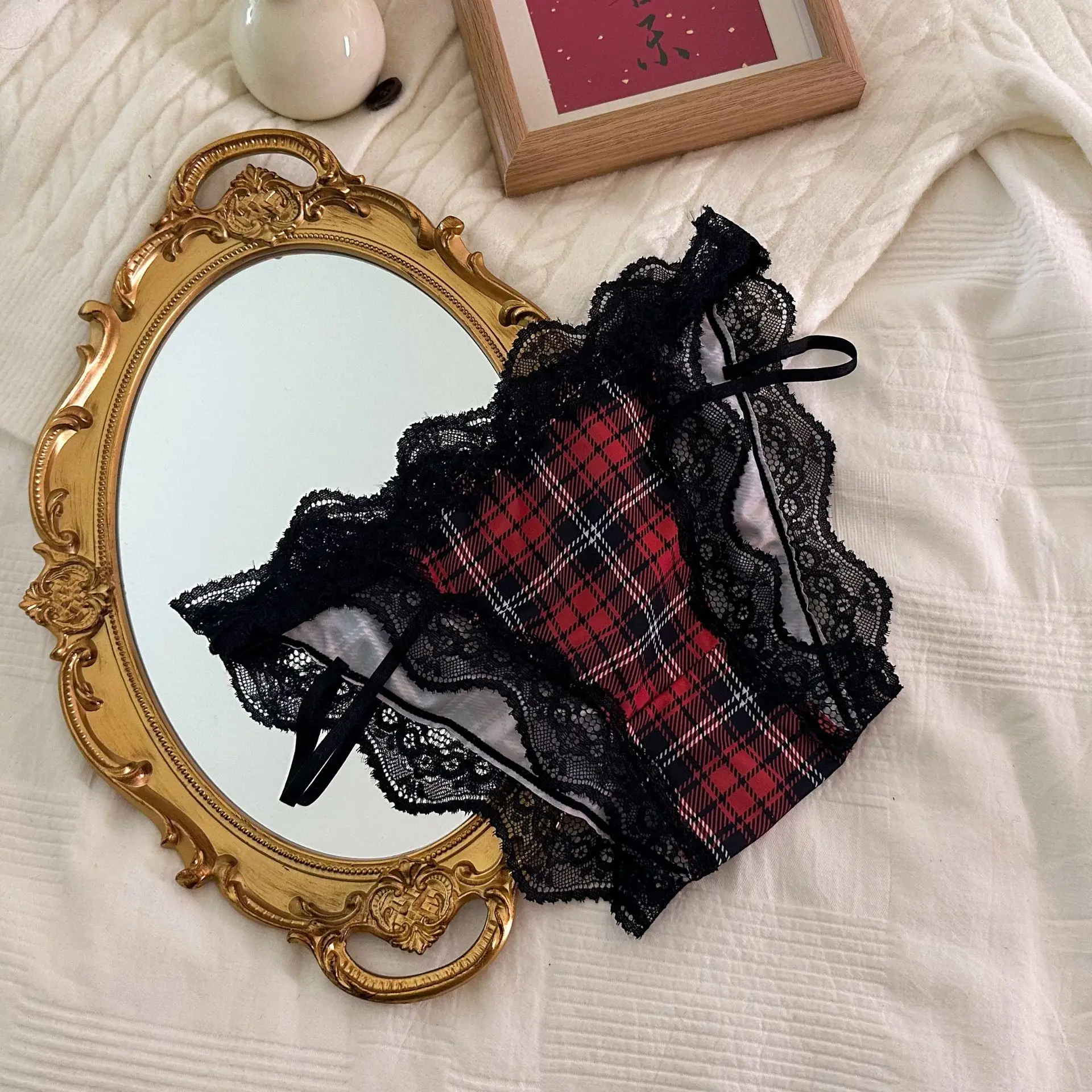 حزام مثير مزين بالدانتيل، ربطة عنق، سراويل داخلية نسائية كاواي متقلب باللونين الأسود والأحمر، سراويل داخلية نسائية للحفلات والعطلات والعطلات