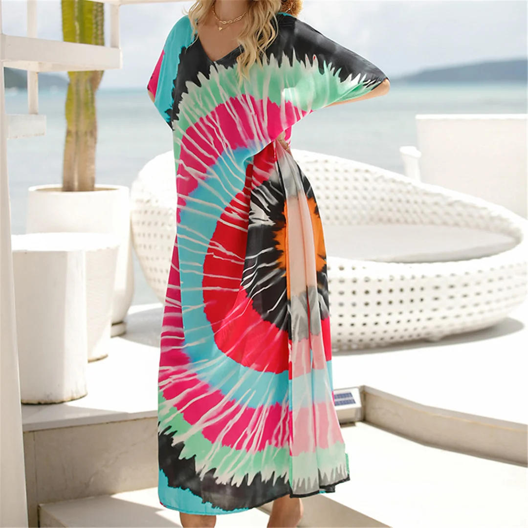 Bedrucktes, kurzärmeliges, V-Ausschnitt-Strandkleid aus Häkelgarn, langes Strandkleid, Strandmode, Damenmode, V7199 – Detail 6