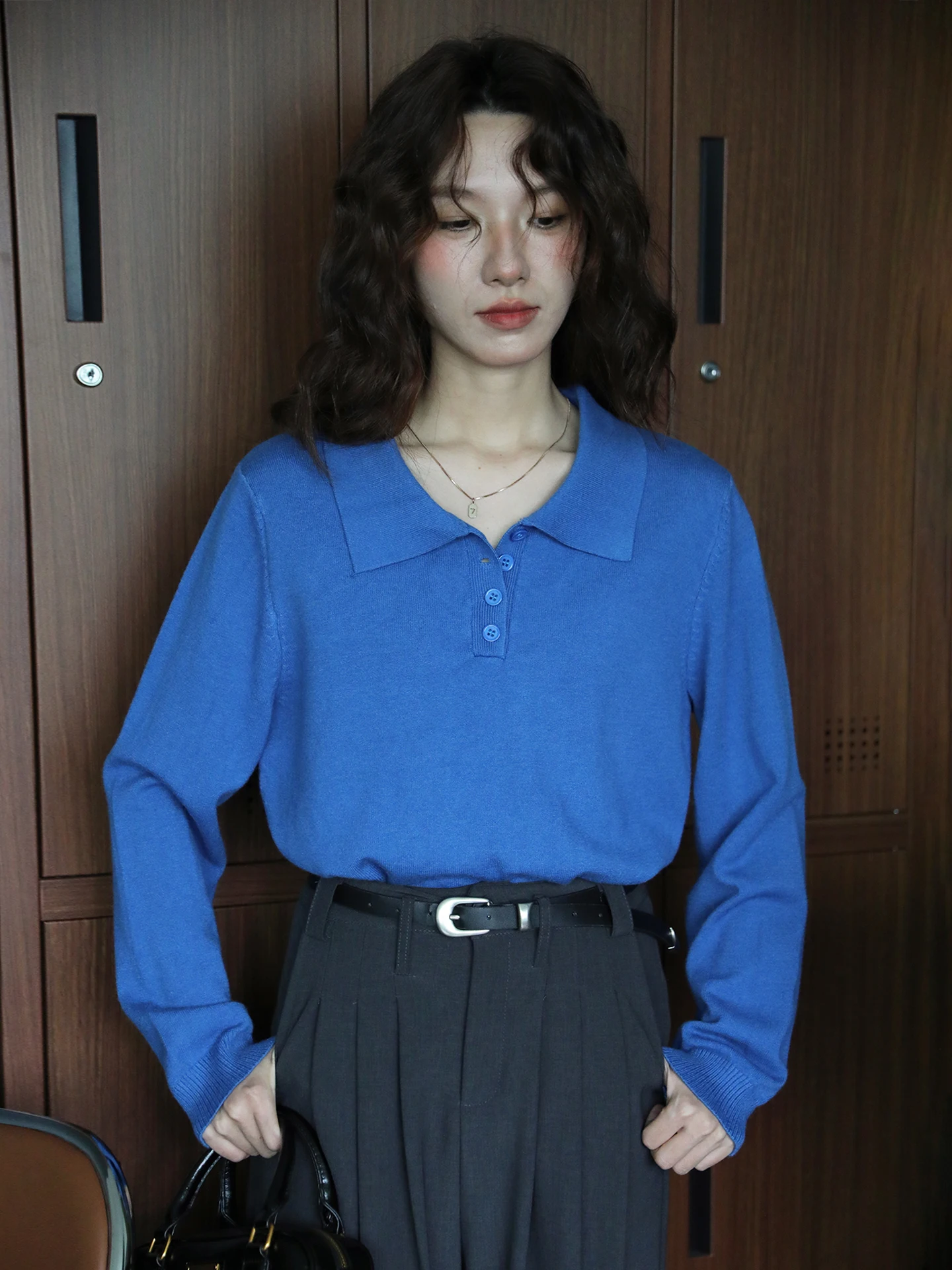 

Blue Commuter Slimming Vintage Knitted Sweater Coat Collar Long Sve Design Casual Sle Top for Women