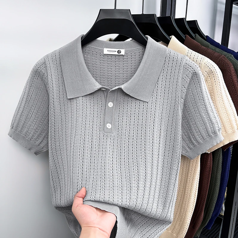 New Collar Polo Shirt Men's Short Sleeved Knitted Vintage Style Hollowed Out Business Casual Breathable T-shirt Summer Top Thin