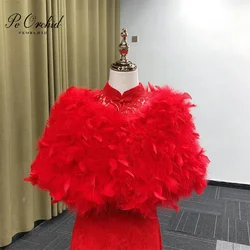 PEORCHID Red/White Ostrich Feathers Winter Bolero Wedding Cape Mariage Femme Cover Up Women Shawl Fur Wedding Jacket