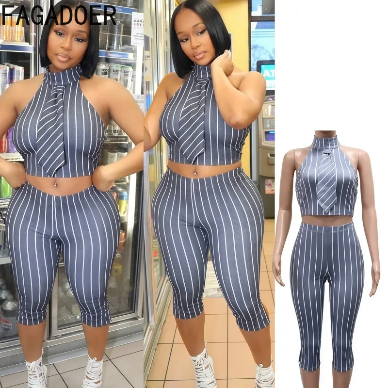 

FAGADOER Fashion Stripe Print 2 Pieces Set for Woman Halter Backless Sleeveless Crop Top and Pants Outfits Female Streetwear New